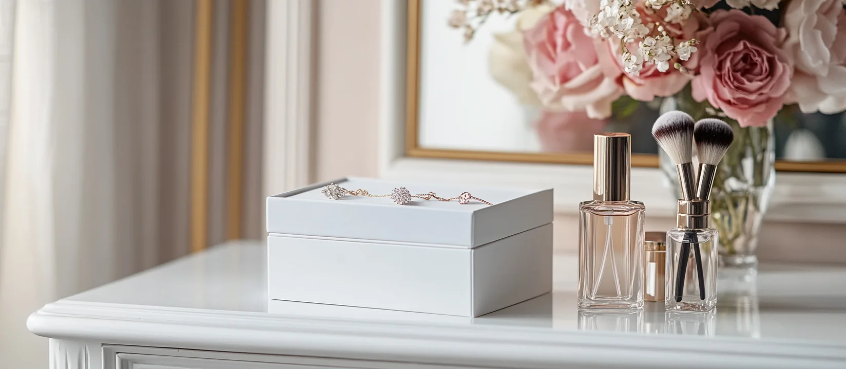 A white square jewelry box is opened, revealing rings in the jewelry box inserts velvet.
